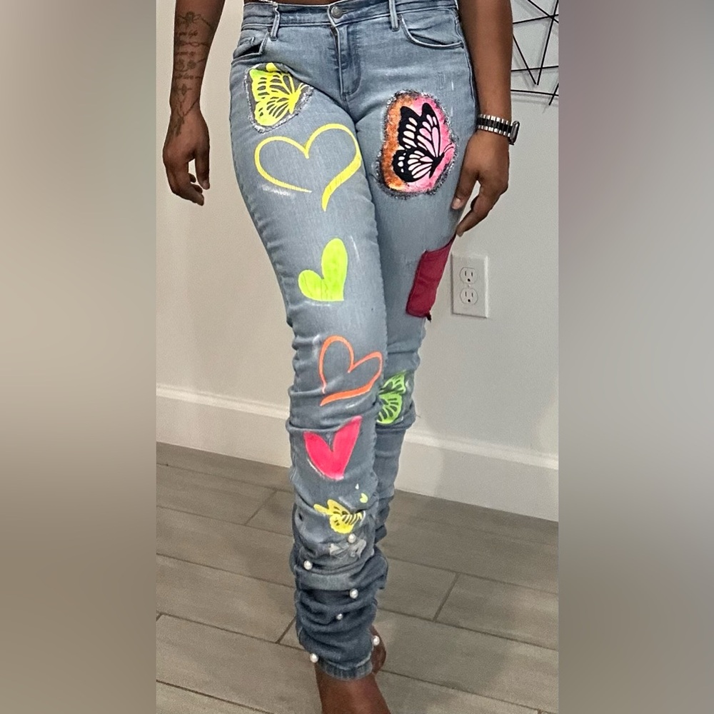 Sold! Custom Stylish Blue stacked Jeans with Butterfly Patch n pearls